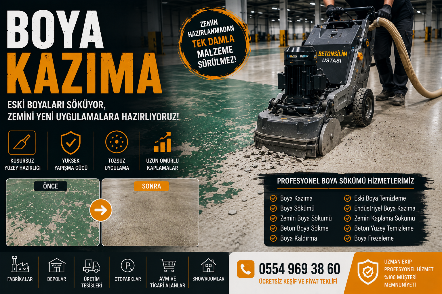 Boya kazıma ve beton zemin yüzey hazırlama uygulaması